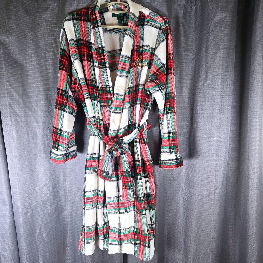 Lauren Ralph Lauren Womens Plush Robe Size XL Tartan Plaid Logo Classic Preppy